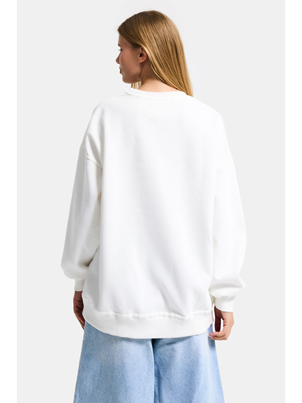 Kadın Beyaz w5 Oversize Baskılı %100 Pamuk Organik Kumaş Sweatshirt-4