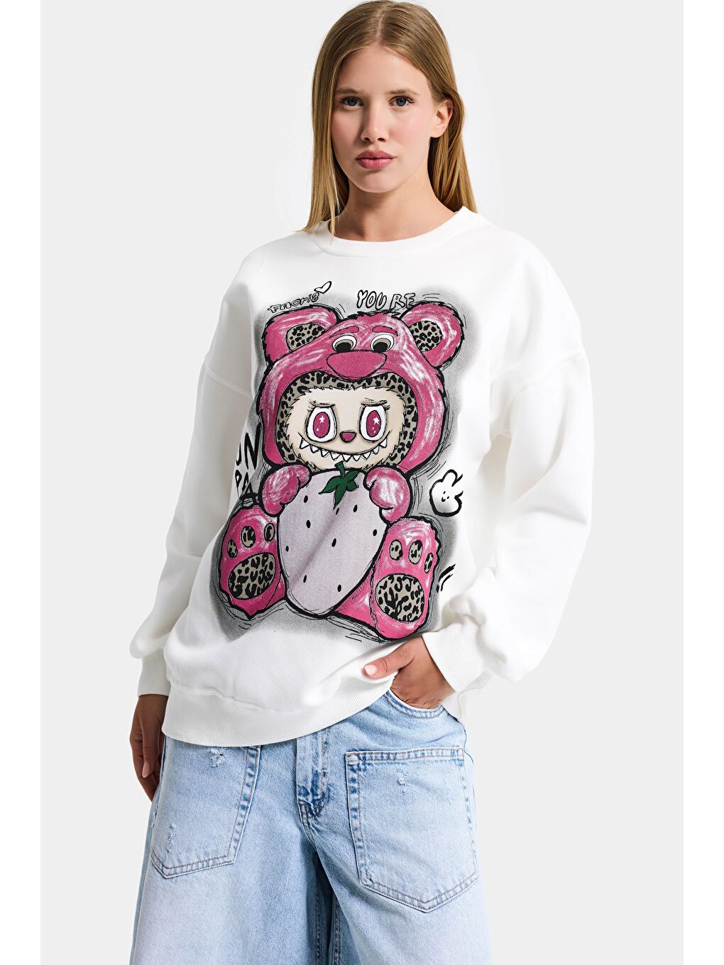 Kadın Beyaz w5 Oversize Baskılı %100 Pamuk Organik Kumaş Sweatshirt-5