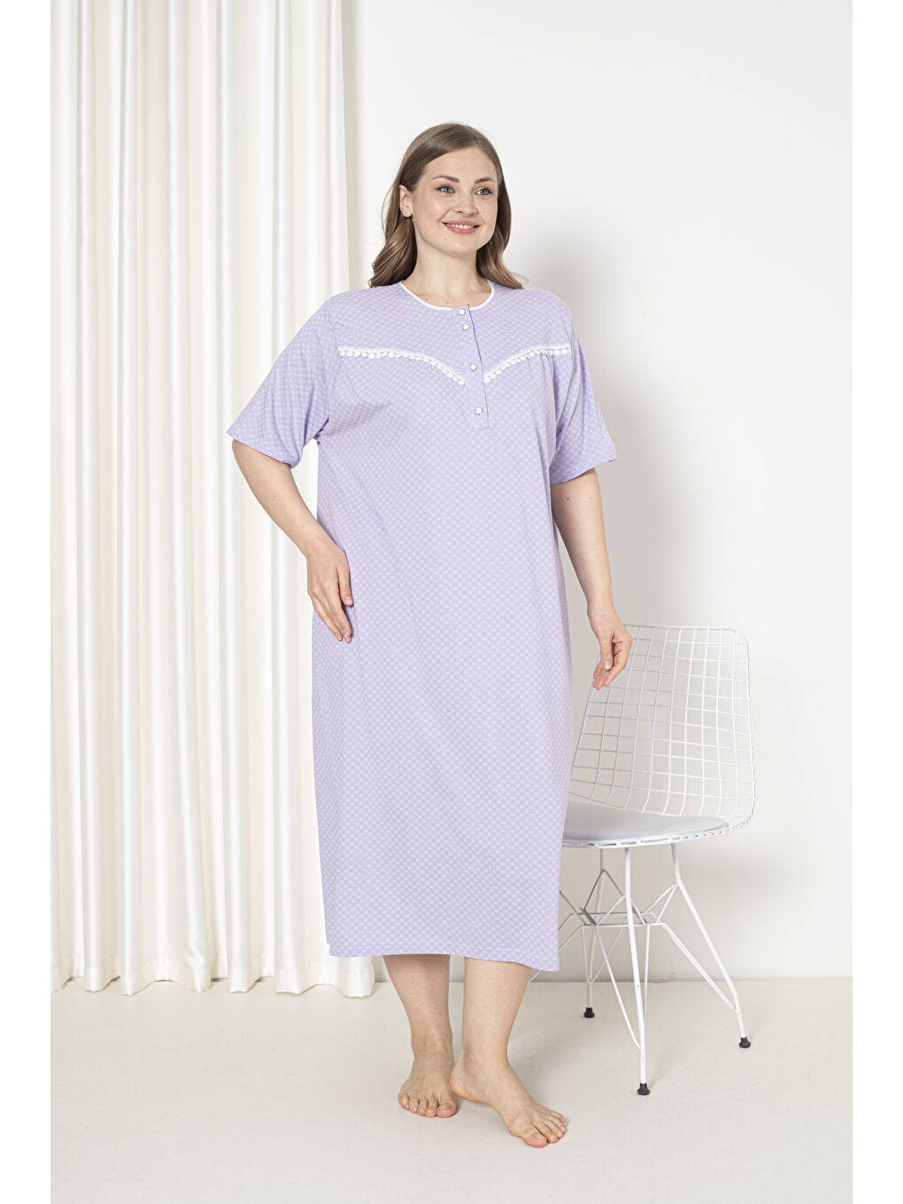 Lila %100 Pamuklu Penye Kısa Kol Büyük Beden Anne Geceliği 051-1