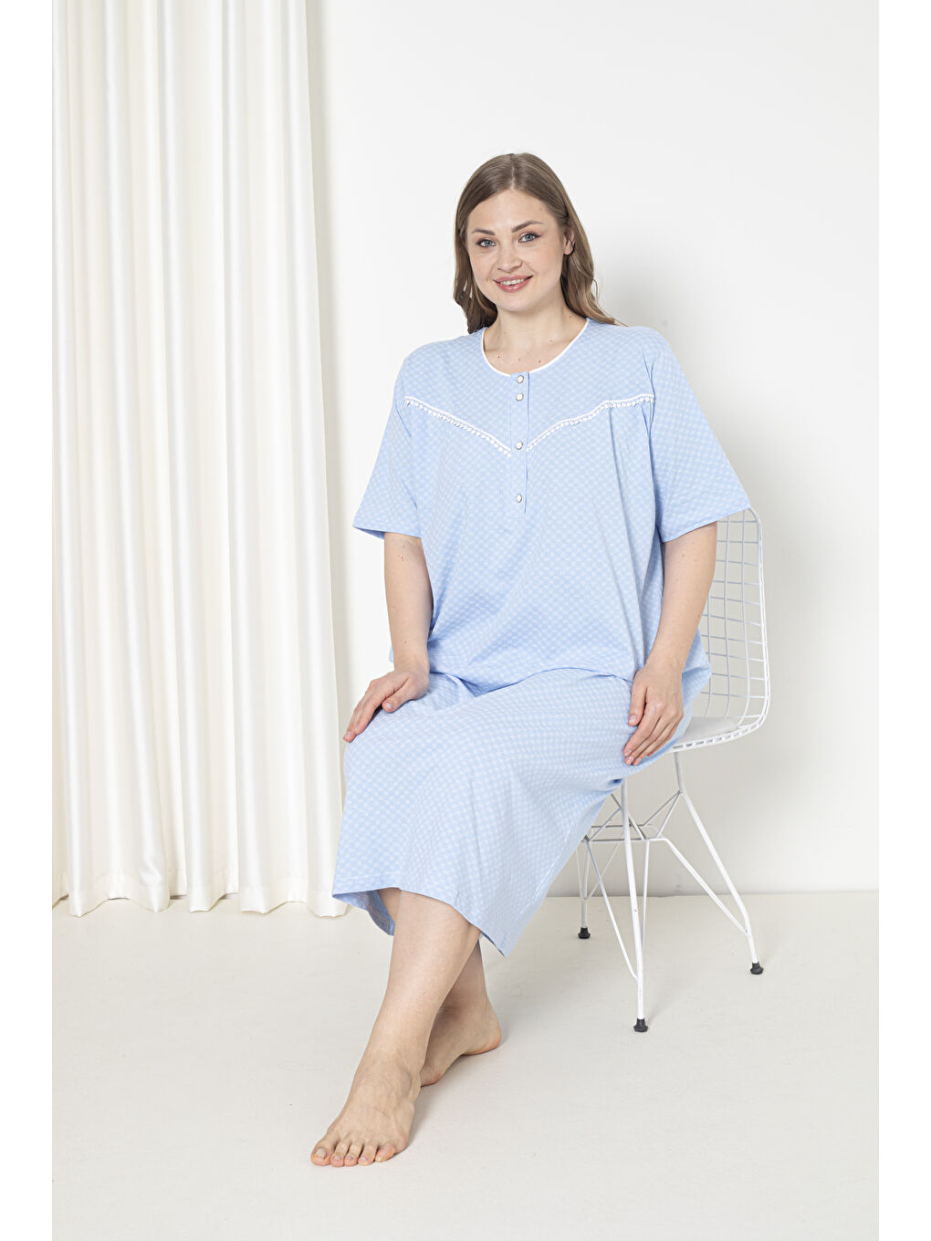 Mavi %100 Pamuklu Penye Kısa Kol Büyük Beden Anne Geceliği 051-2