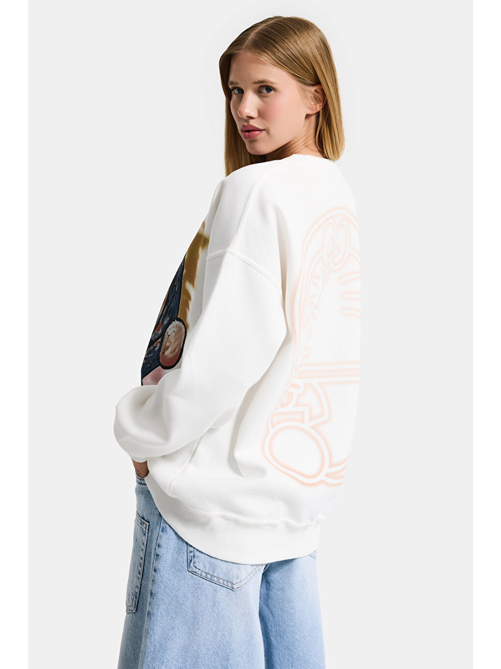 Kadın Beyaz w5 Oversize Baskılı %100 Pamuk Organik Kumaş Sweatshirt-5