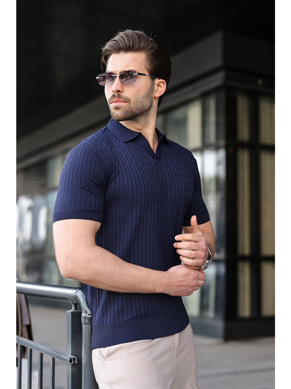 Lacivert Slim Fit Polo Yaka Triko Erkek Tişört E7472-4