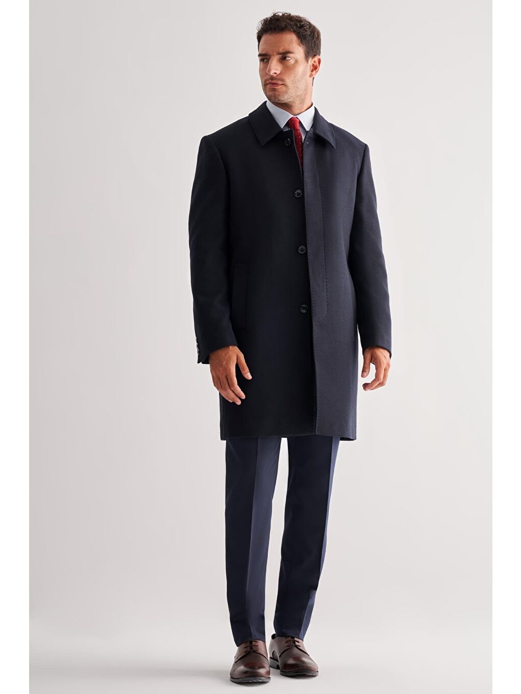 Koyu Lacivert Berberi Yaka Tam Astar Classic Comfort Fit Esnek Kaşe Palto 1005255152-1