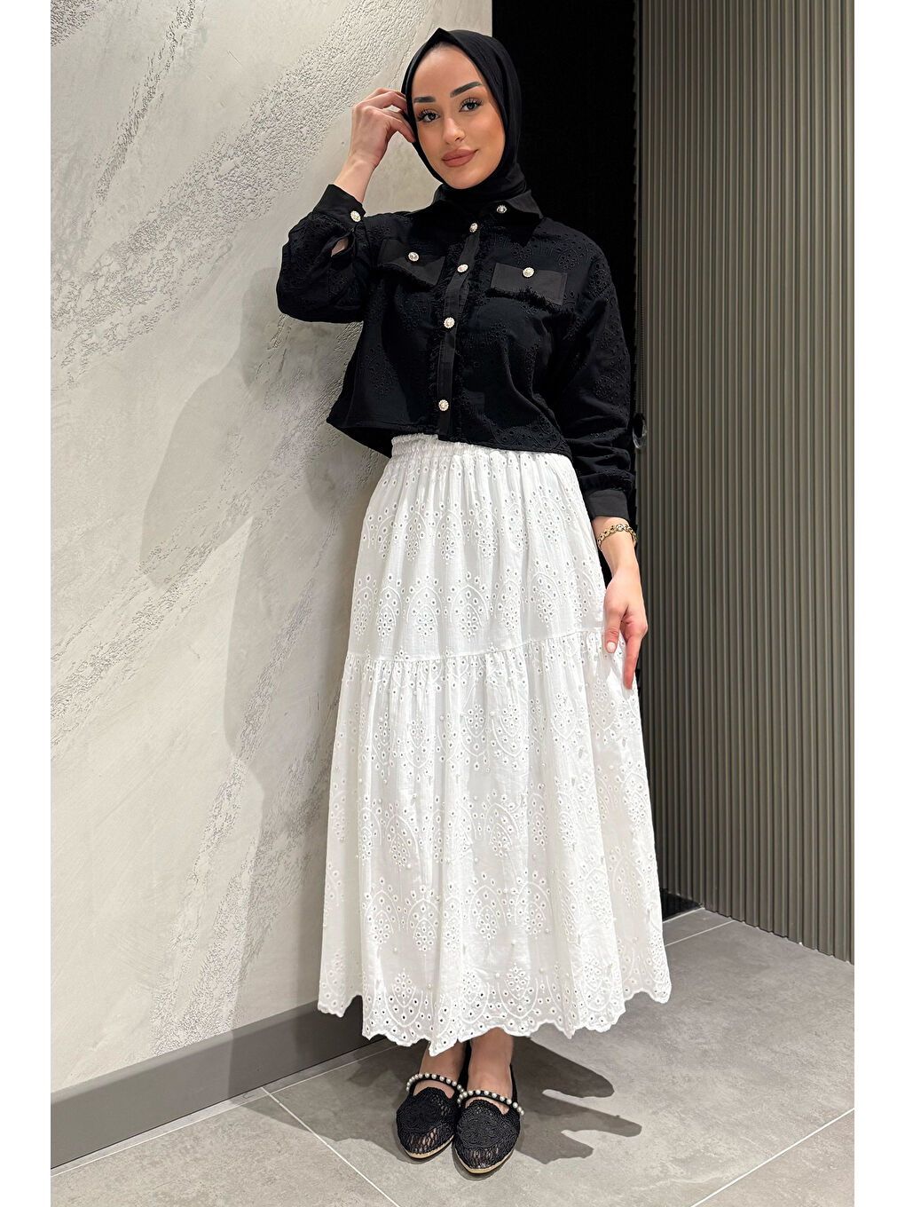 Ekru Kadın Bel Lastikli İnci Detaylı Fistolu Tesettür Etek-1
