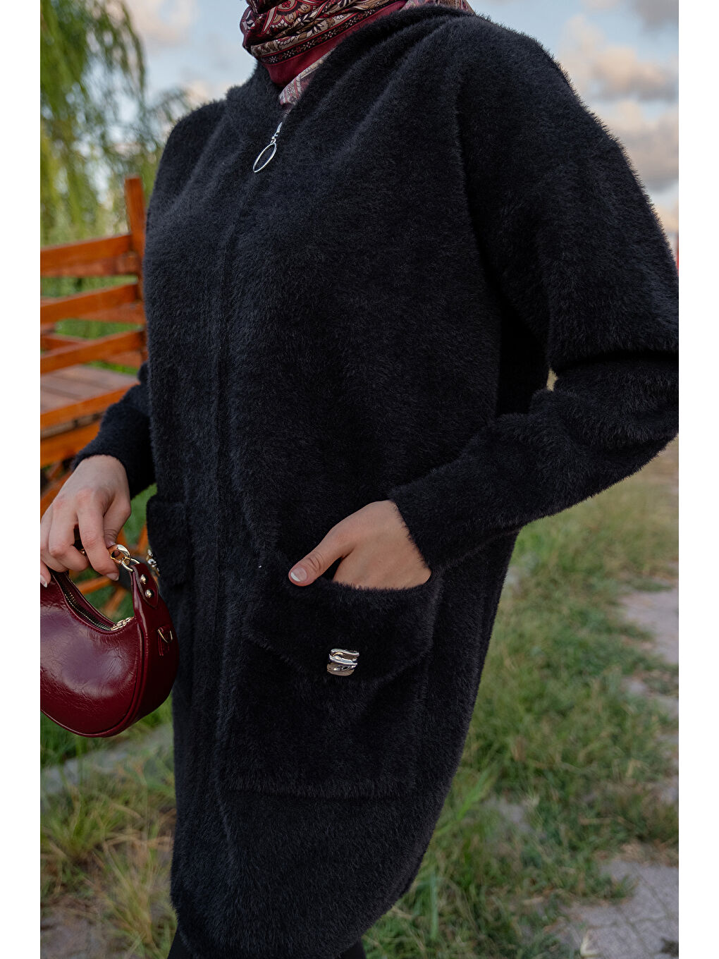 Kadın Fermuarlı Triko Ceket Siyah-4