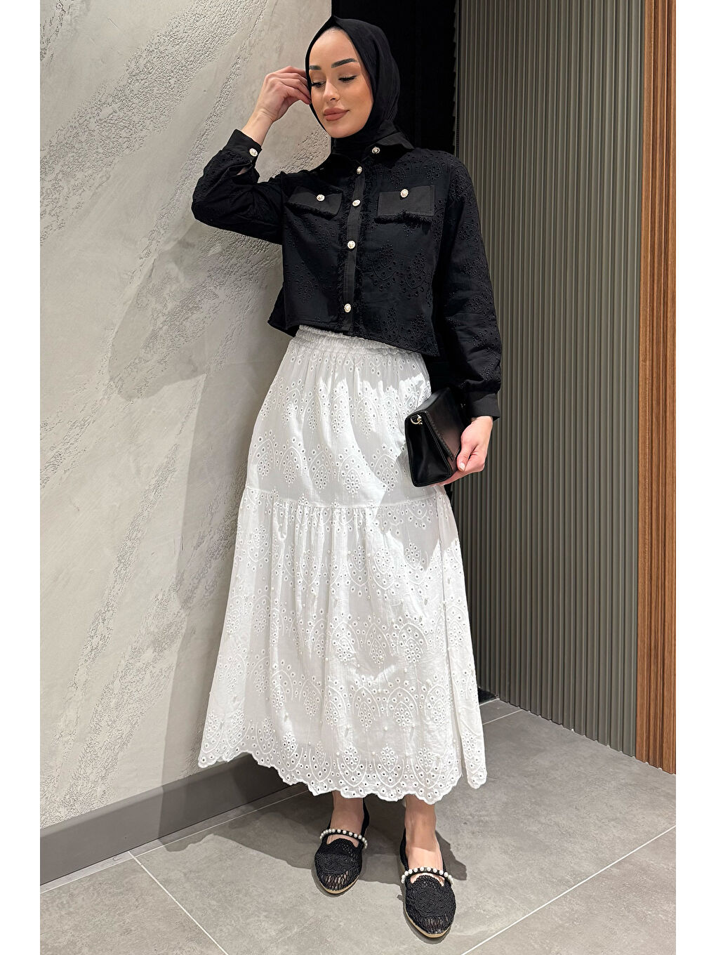 Ekru Kadın Bel Lastikli İnci Detaylı Fistolu Tesettür Etek-2