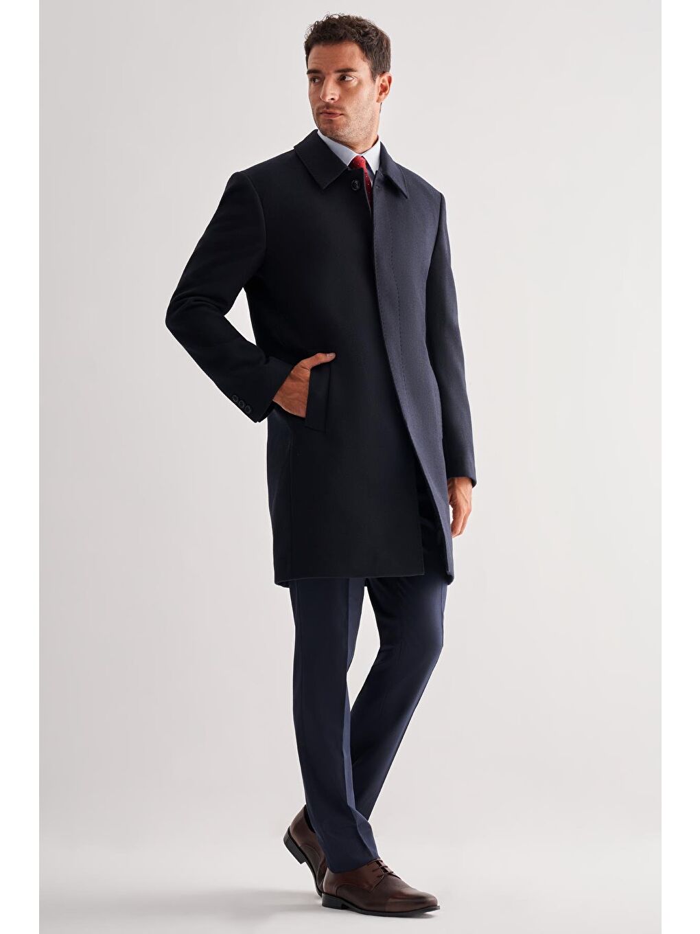 Koyu Lacivert Berberi Yaka Tam Astar Classic Comfort Fit Esnek Kaşe Palto 1005255152-2