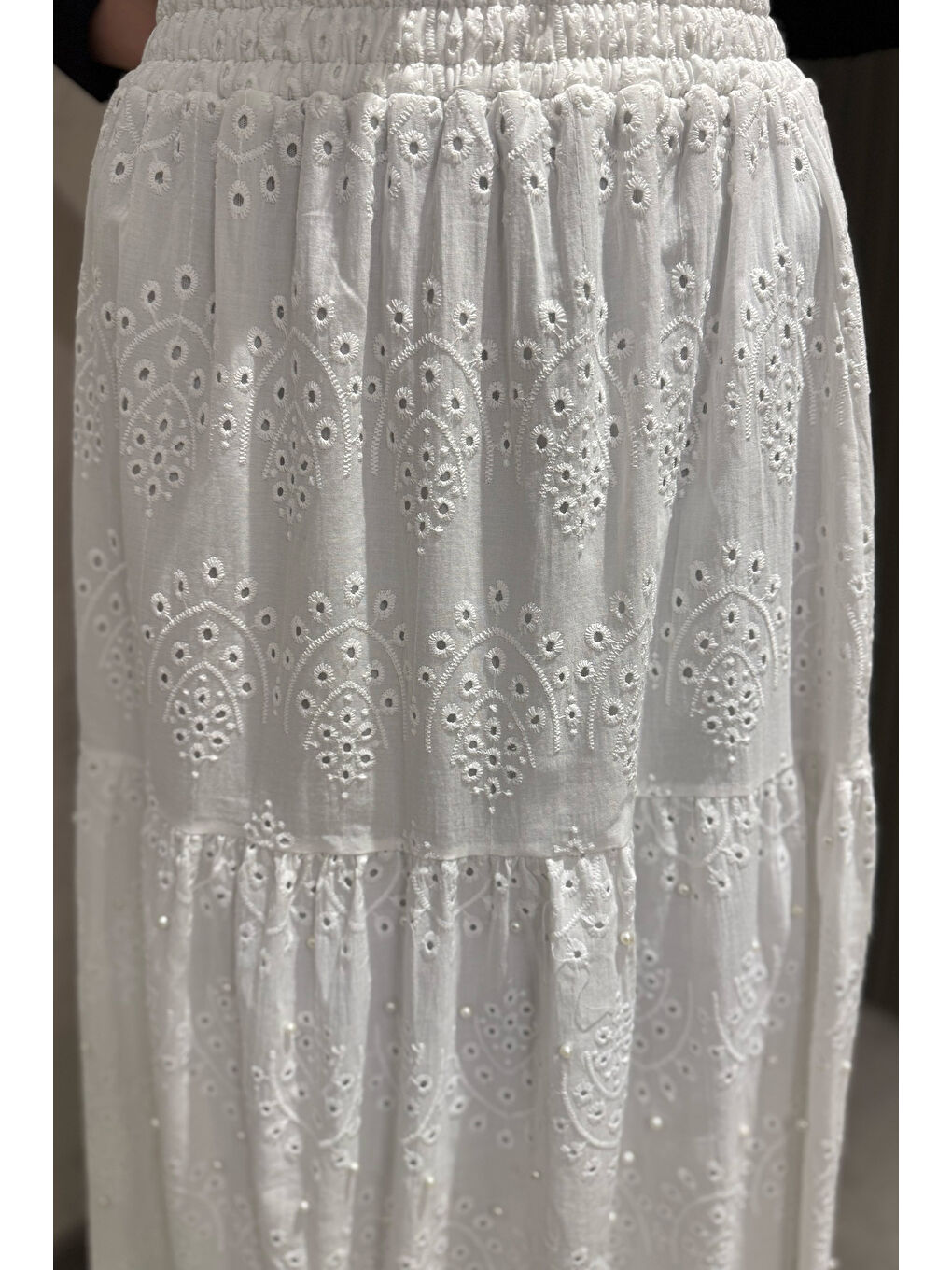 Ekru Kadın Bel Lastikli İnci Detaylı Fistolu Tesettür Etek-4