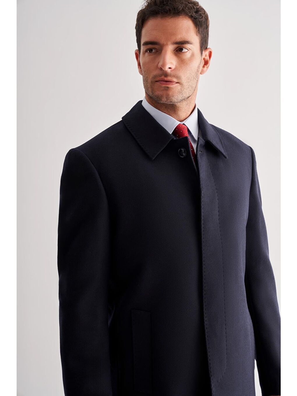 Koyu Lacivert Berberi Yaka Tam Astar Classic Comfort Fit Esnek Kaşe Palto 1005255152-3