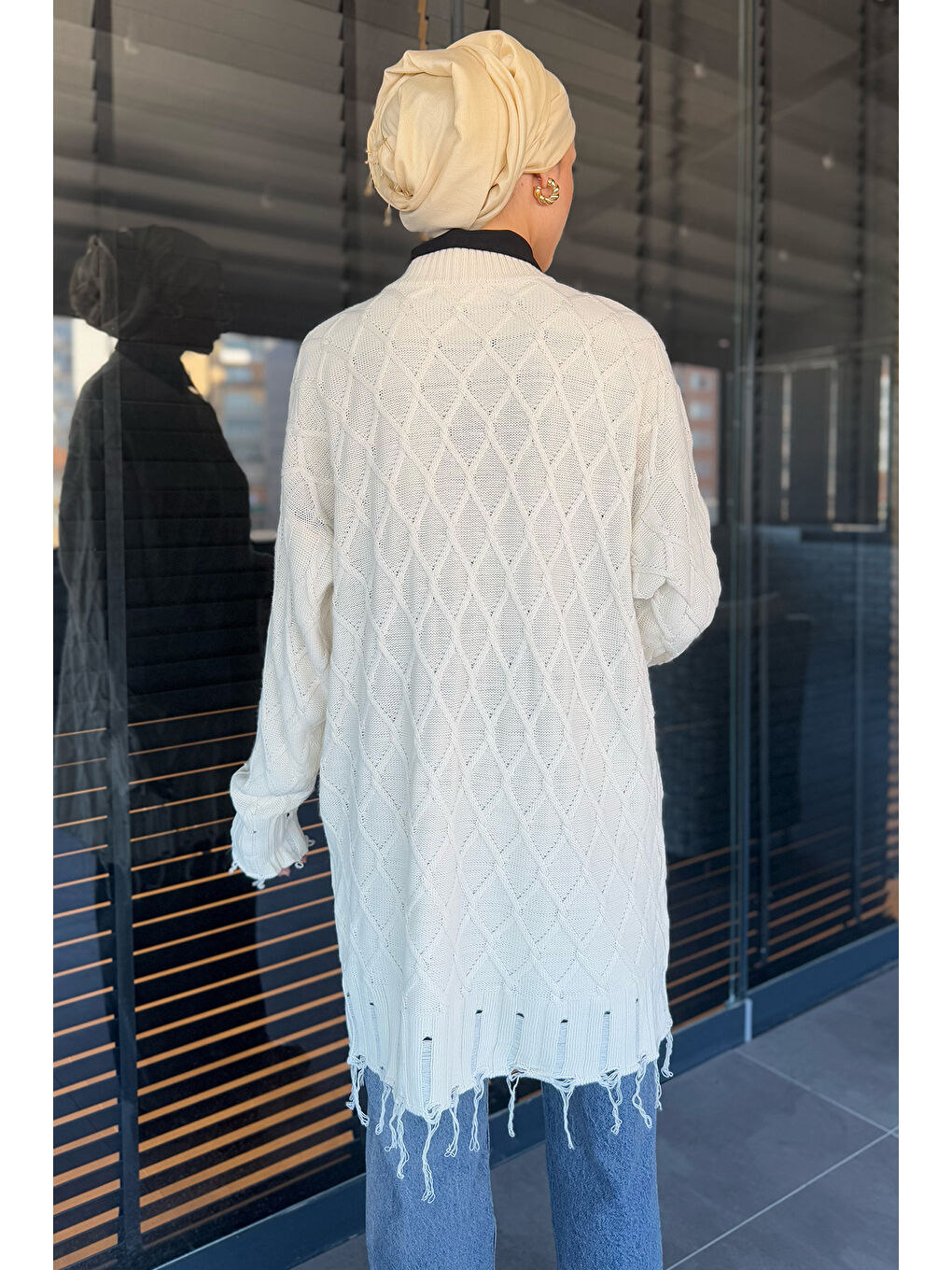 Ekru Kadın Bisiklet Yaka Püsküllü Tesettür Triko Kazak-7