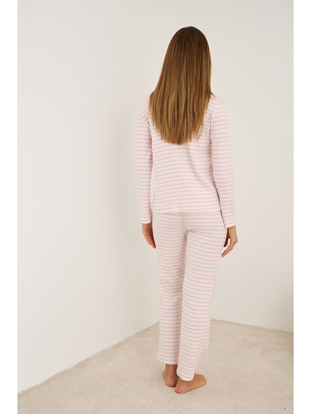 Pembe Beyaz Fırçalı Soft Fitilli Kaşkorse Hırka Pijama Takım-1
