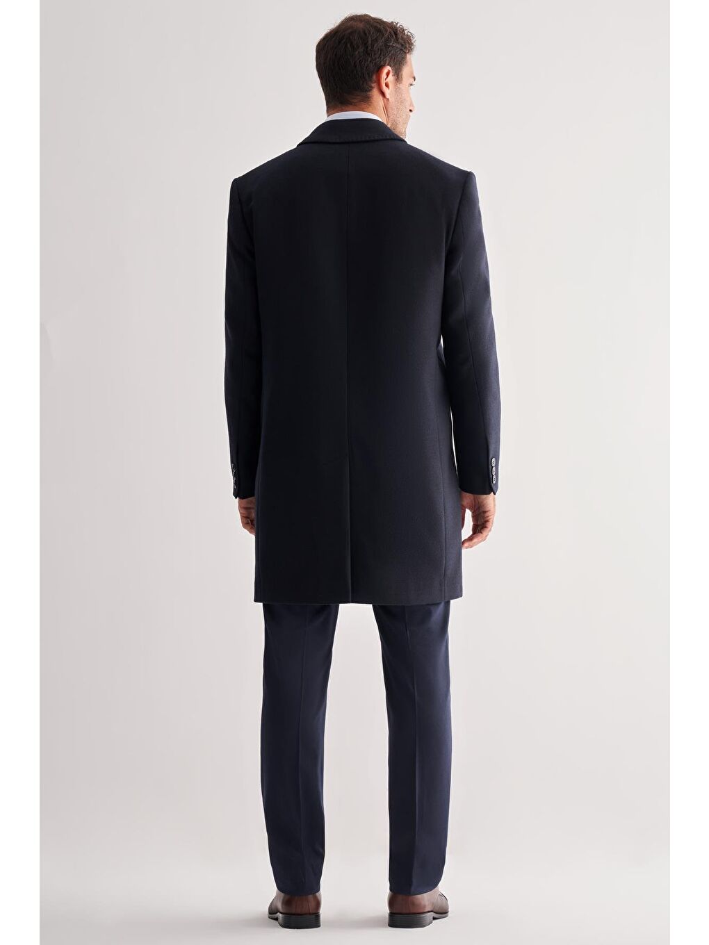 Koyu Lacivert Berberi Yaka Tam Astar Classic Comfort Fit Esnek Kaşe Palto 1005255152-4