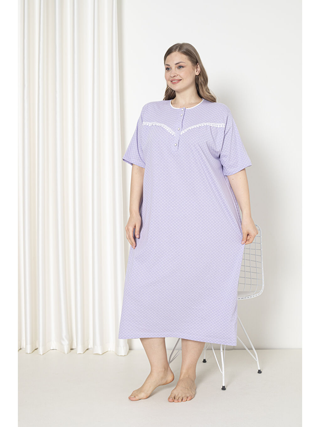 Lila %100 Pamuklu Penye Kısa Kol Büyük Beden Anne Geceliği 051-2