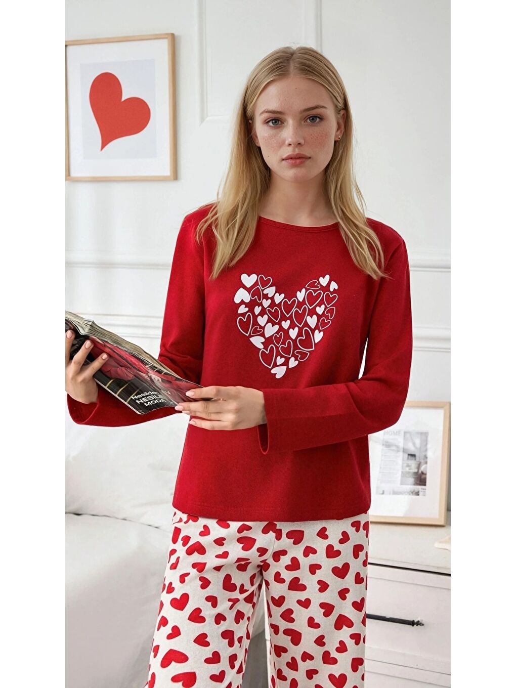 Kırmızı Kalp Desenli Uzun Kol Pijama Takımı-1