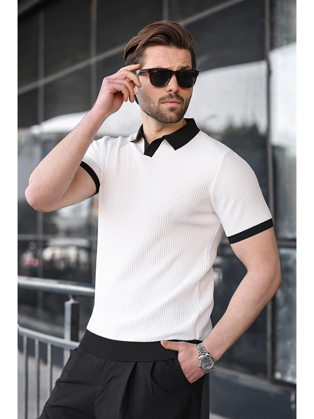 Beyaz Polo Yaka Triko Erkek Tişört E7464-1