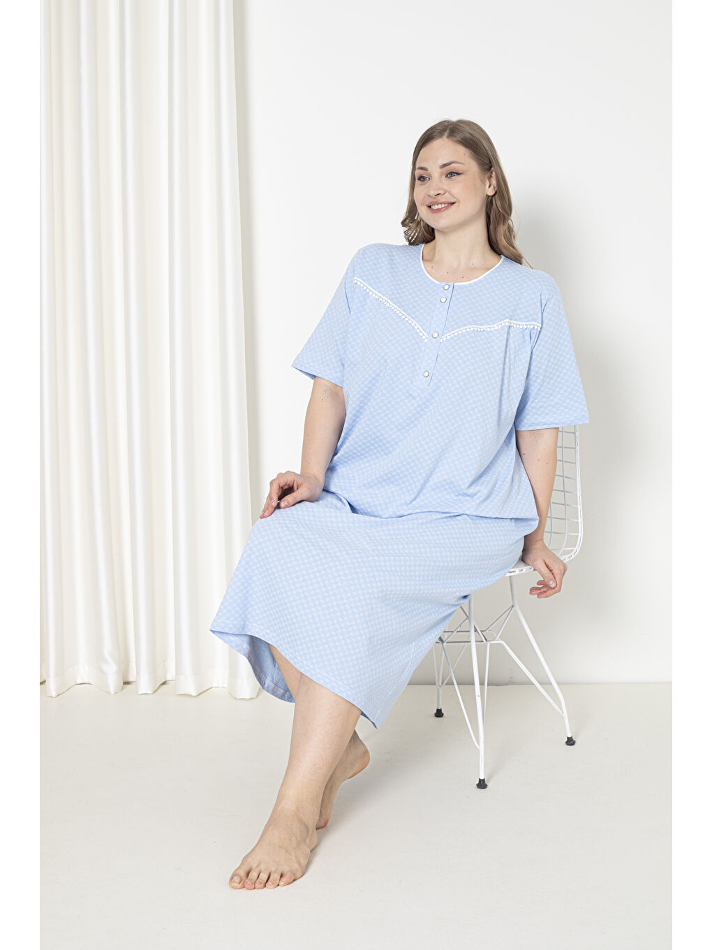 Mavi %100 Pamuklu Penye Kısa Kol Büyük Beden Anne Geceliği 051-3