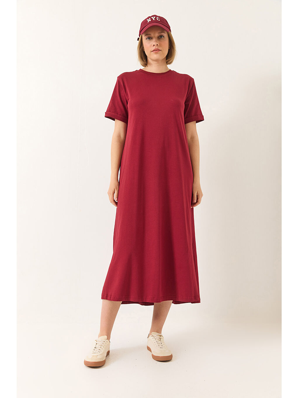 Bordo Kadın Bisiklet Yaka Kısa Kollu Cep Detaylı Uzun Basic Elbise-1