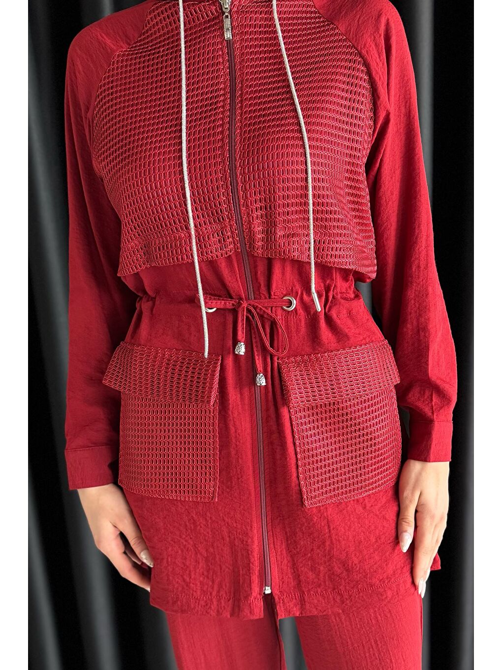 Bordo Kapüşonlu Dantel Detaylı Tesettür Tunik Pantolon İkili Takım-2