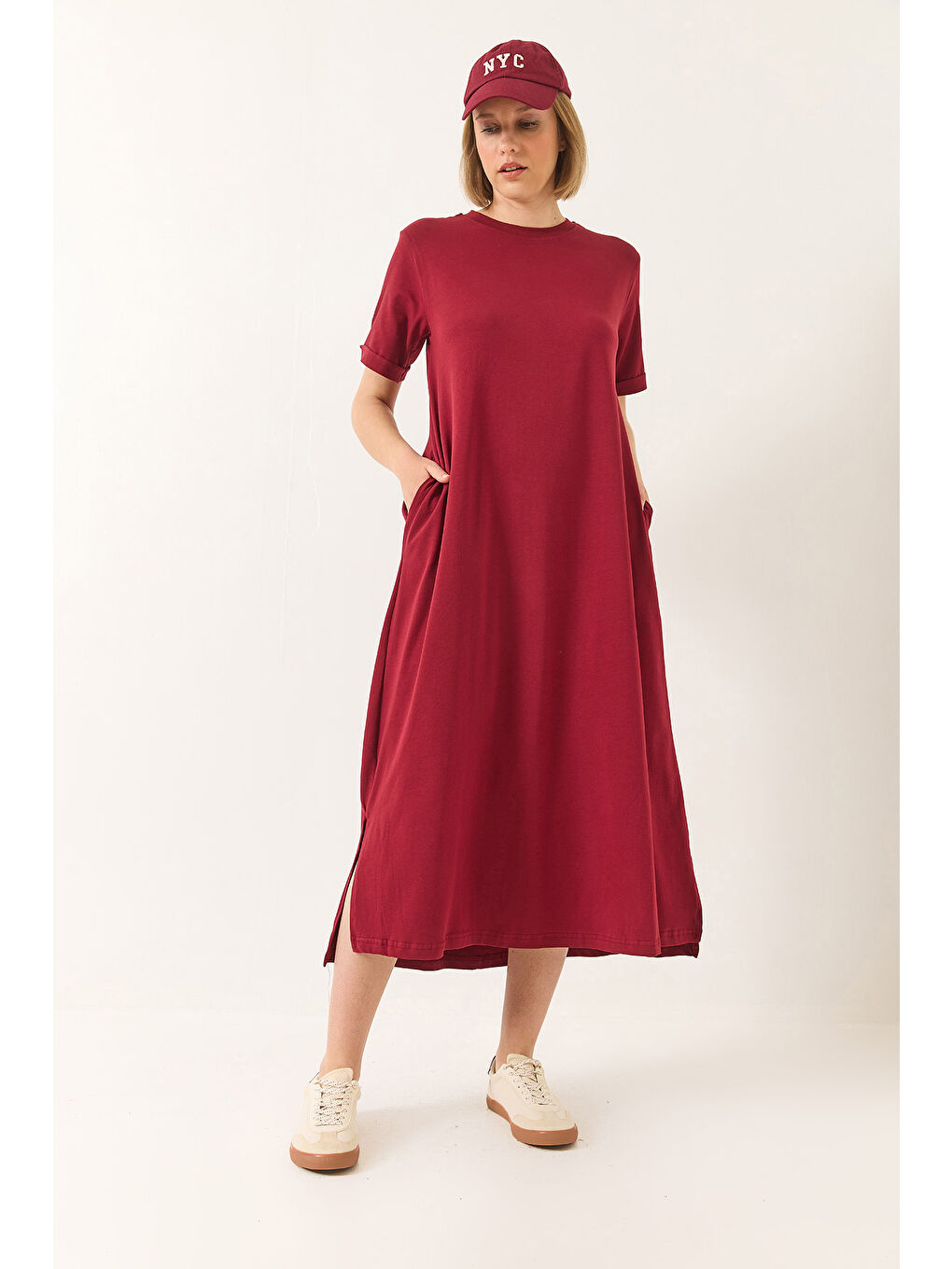 Bordo Kadın Bisiklet Yaka Kısa Kollu Cep Detaylı Uzun Basic Elbise-2