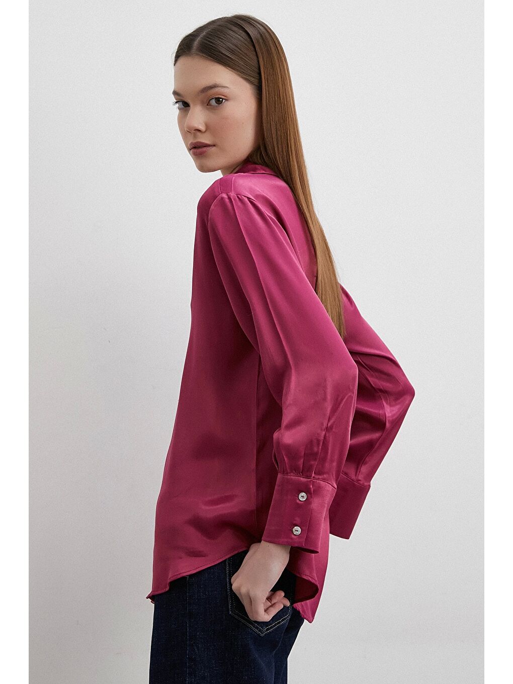 Floş Basic Saten Gömlek Mürdüm-1