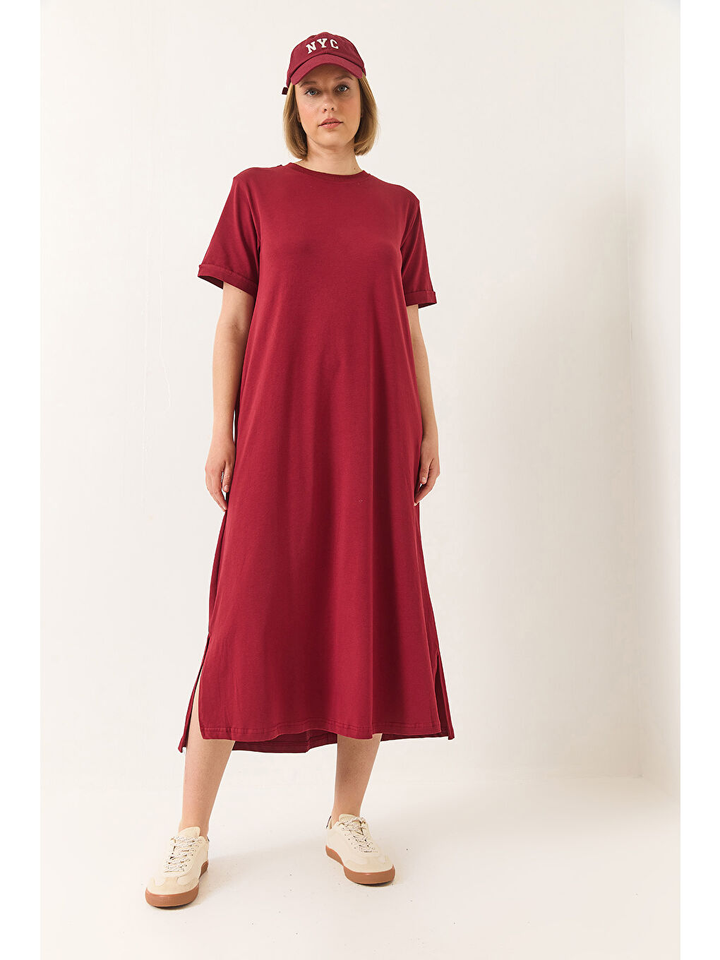 Bordo Kadın Bisiklet Yaka Kısa Kollu Cep Detaylı Uzun Basic Elbise-3