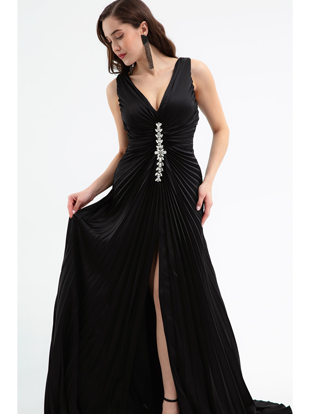 Kadın Siyah Taşlı Pilise Detaylı Uzun Abiye Elbise-2