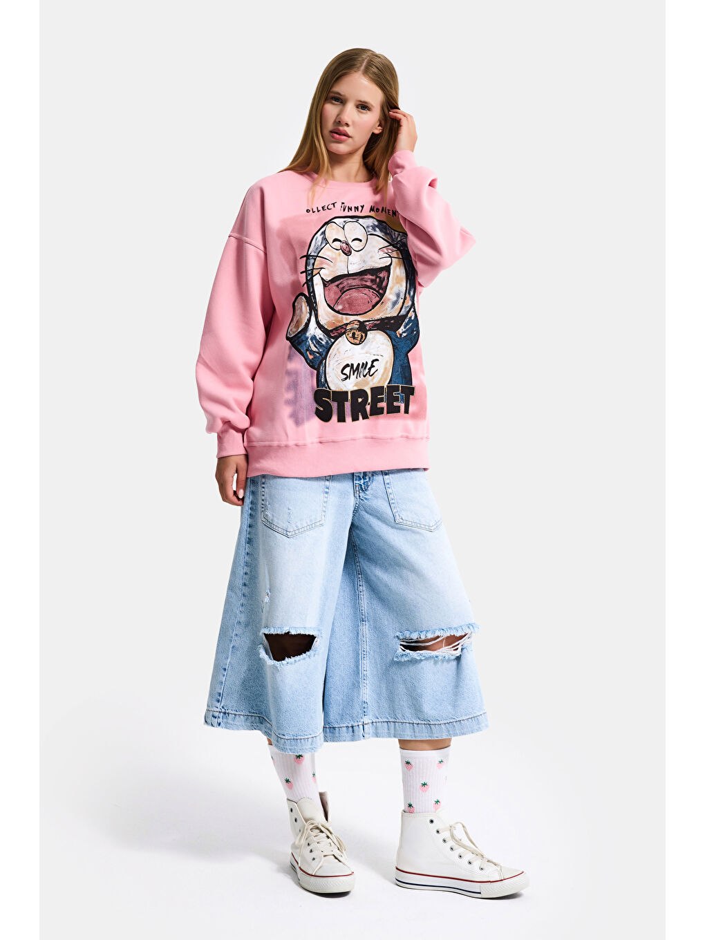 Kadın Pembe w5 Oversize Baskılı %100 Pamuk Organik Kumaş Sweatshirt-2