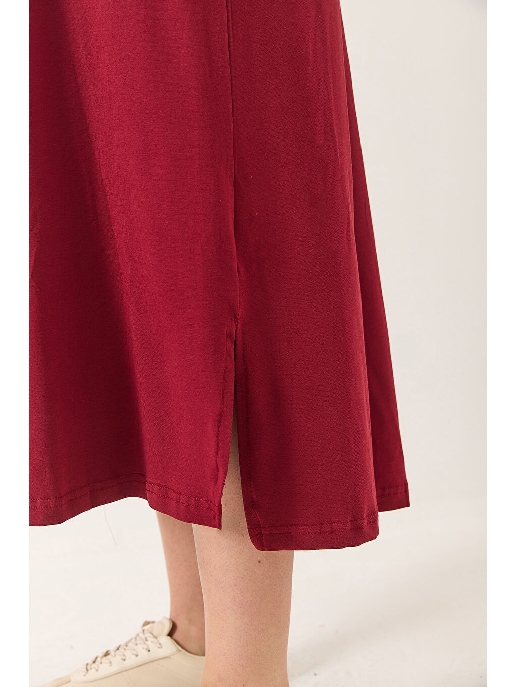 Bordo Kadın Bisiklet Yaka Kısa Kollu Cep Detaylı Uzun Basic Elbise-4