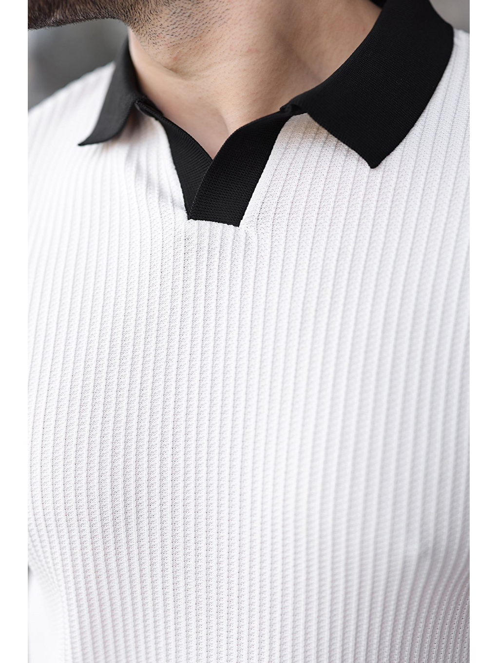 Beyaz Polo Yaka Triko Erkek Tişört E7464-2