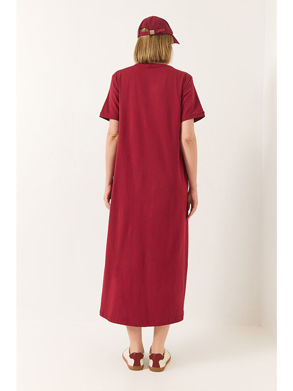 Bordo Kadın Bisiklet Yaka Kısa Kollu Cep Detaylı Uzun Basic Elbise-5