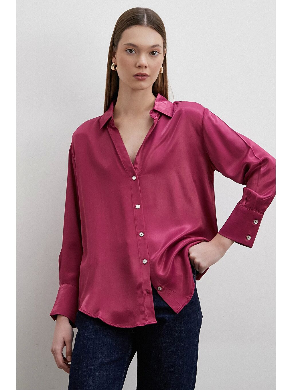 Floş Basic Saten Gömlek Mürdüm-3