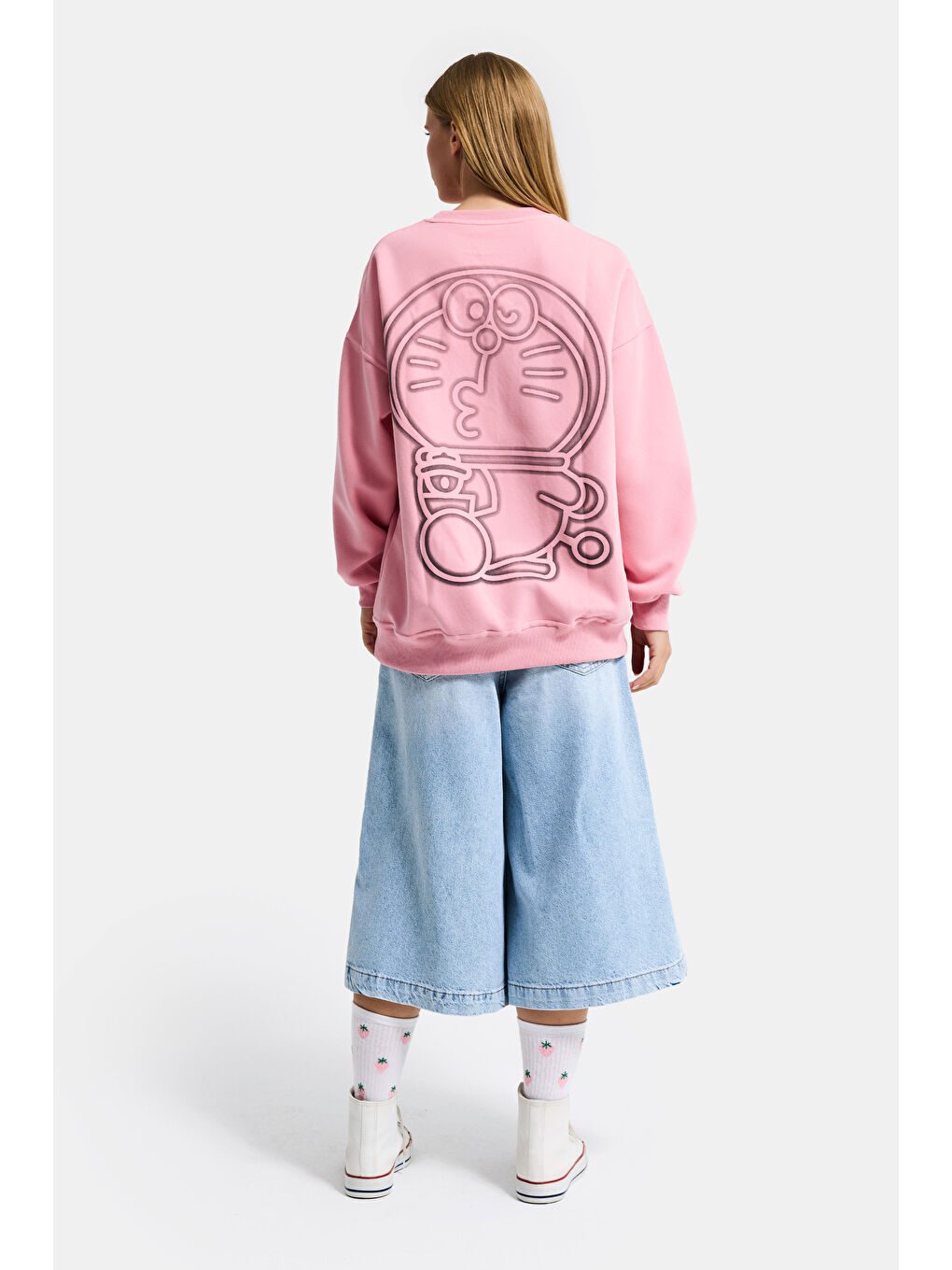 Kadın Pembe w5 Oversize Baskılı %100 Pamuk Organik Kumaş Sweatshirt-3