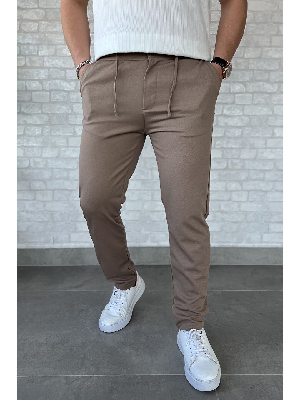 Bej Erkek Bel Bağlamalı Pantolon