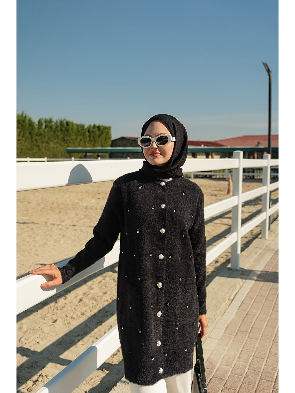 Kadın İnci Detay Triko Ceket Siyah-2