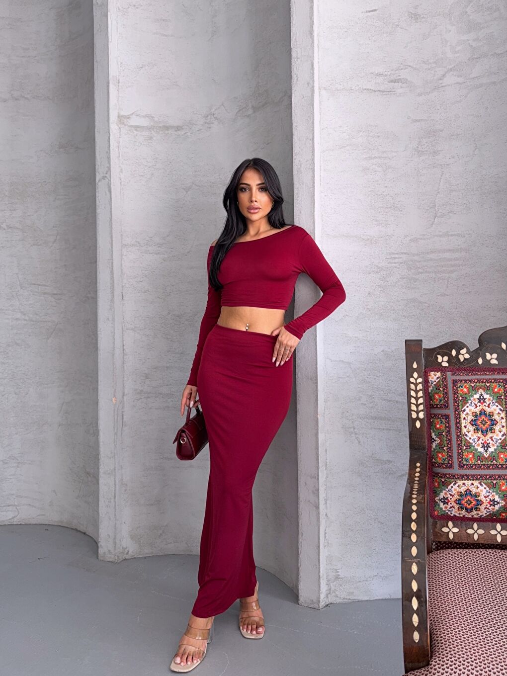 Bordo Sandy Kumaş Etek Bluz Takım-4