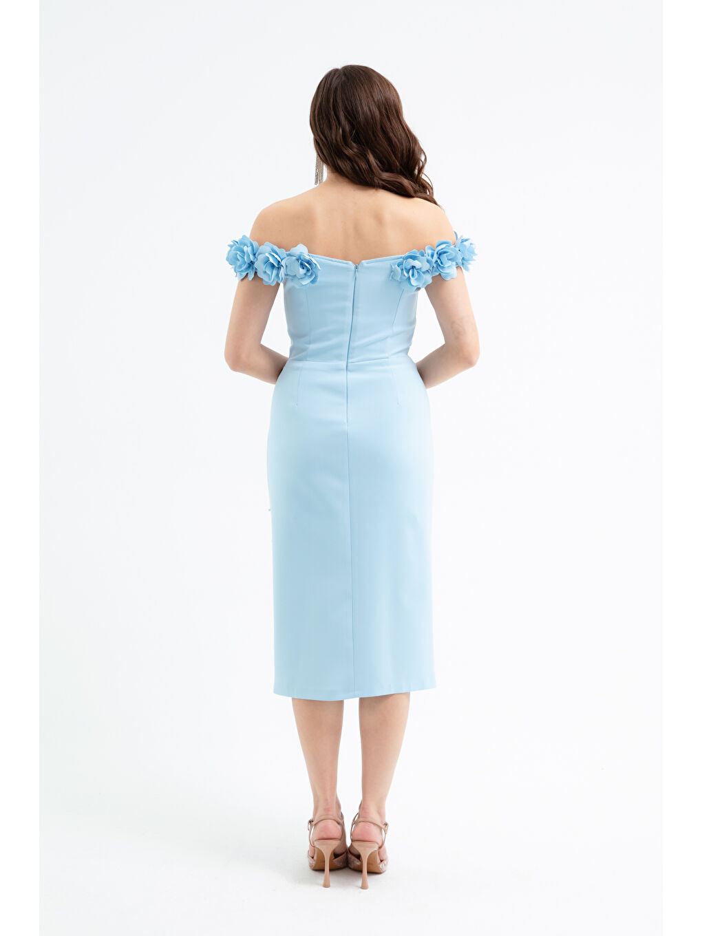 Kadın Bebe Mavi Yakası Çiçekli İncili Söz Nişan Nikah Abiye Elbise-1