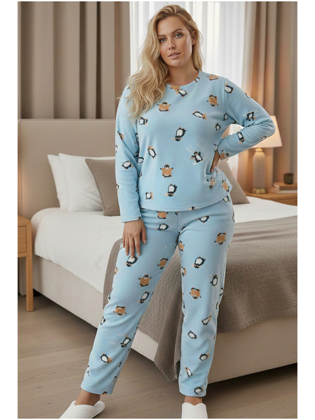 Mavi Penguen Desenli Büyük Beden Polar Kışlık Örme Pijama Takım-1