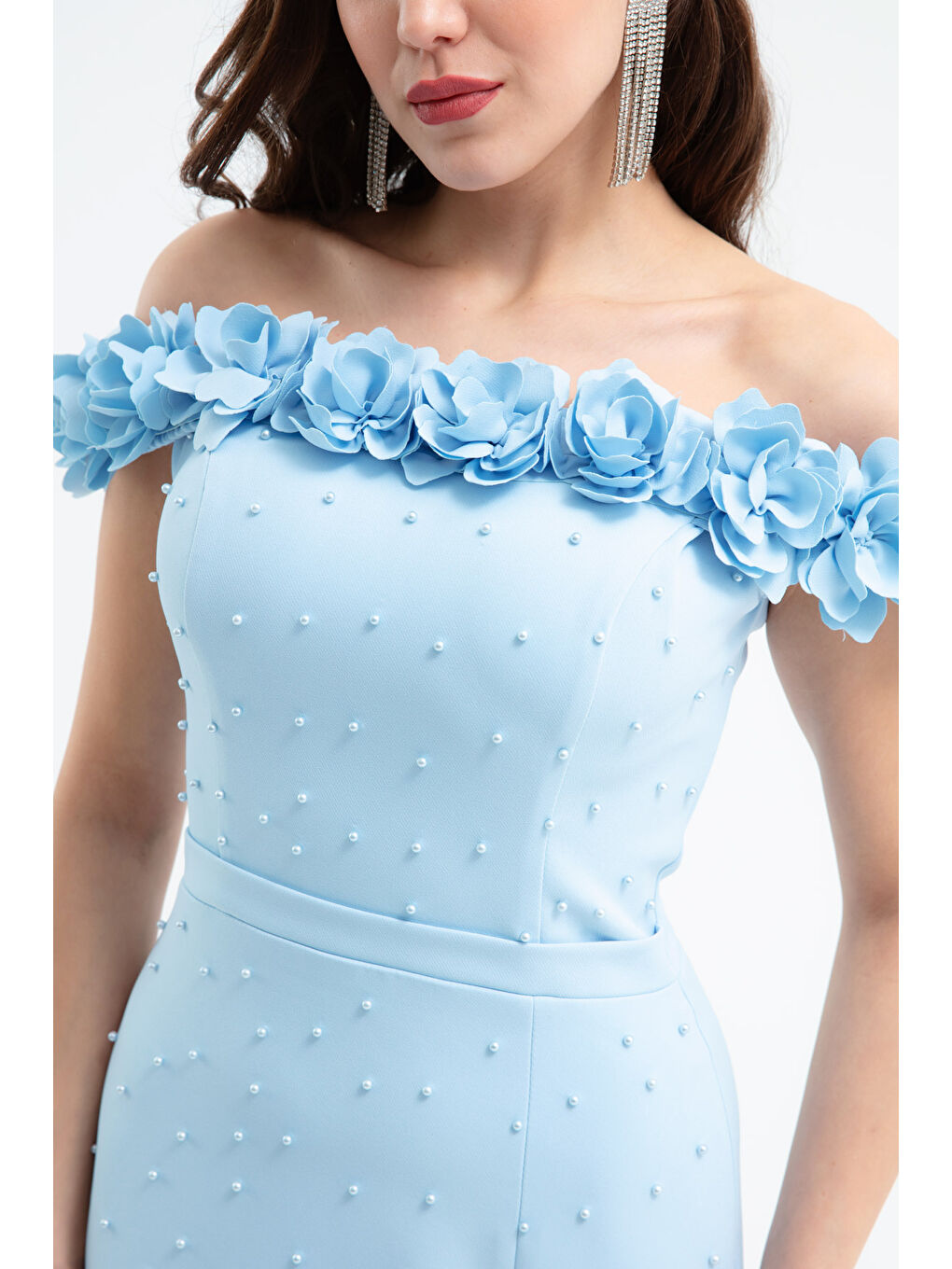 Kadın Bebe Mavi Yakası Çiçekli İncili Söz Nişan Nikah Abiye Elbise-2