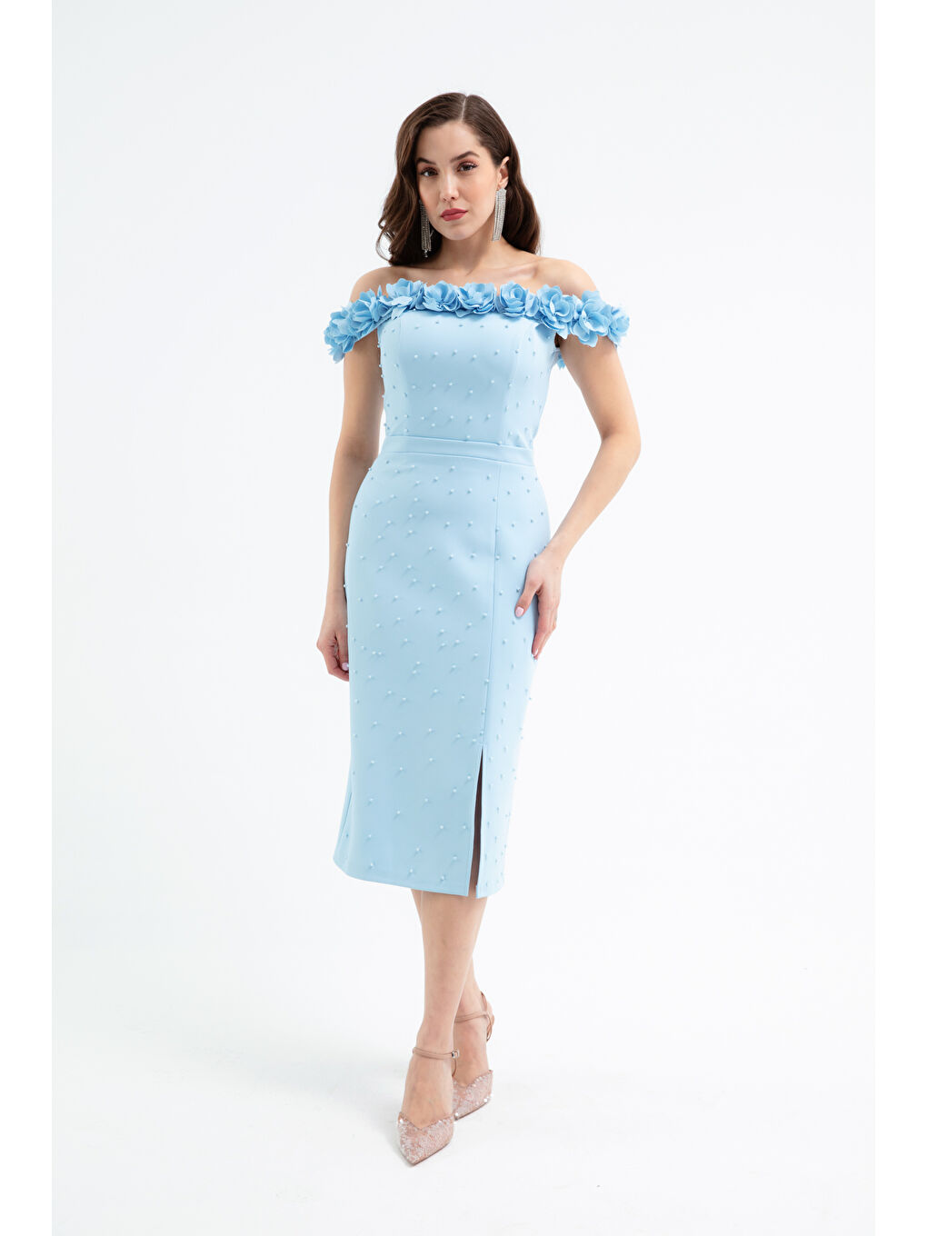 Kadın Bebe Mavi Yakası Çiçekli İncili Söz Nişan Nikah Abiye Elbise-3