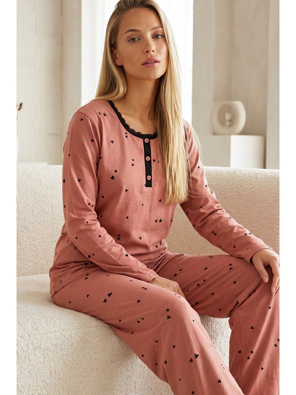 Karışık Düğmeli Pamuklu Elastanlı Örme Pijama Takım26240341