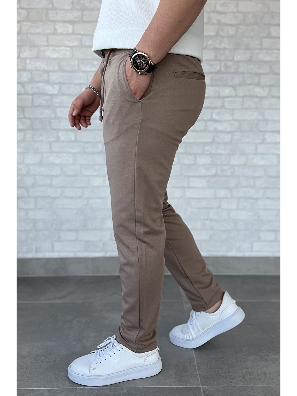 Bej Erkek Bel Bağlamalı Pantolon-1
