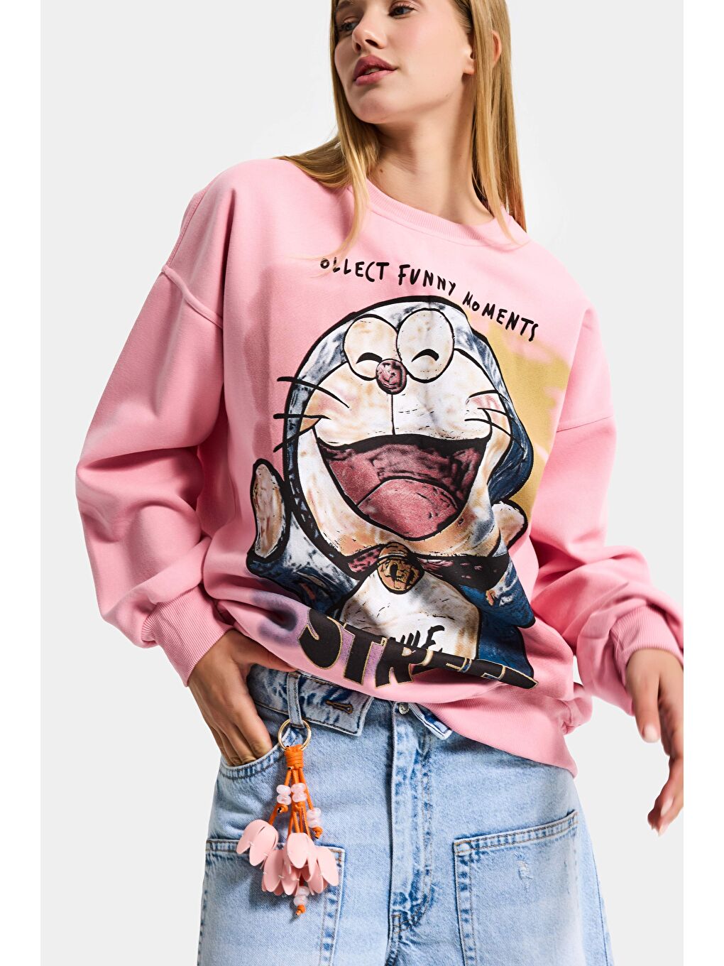 Kadın Pembe w5 Oversize Baskılı %100 Pamuk Organik Kumaş Sweatshirt-4