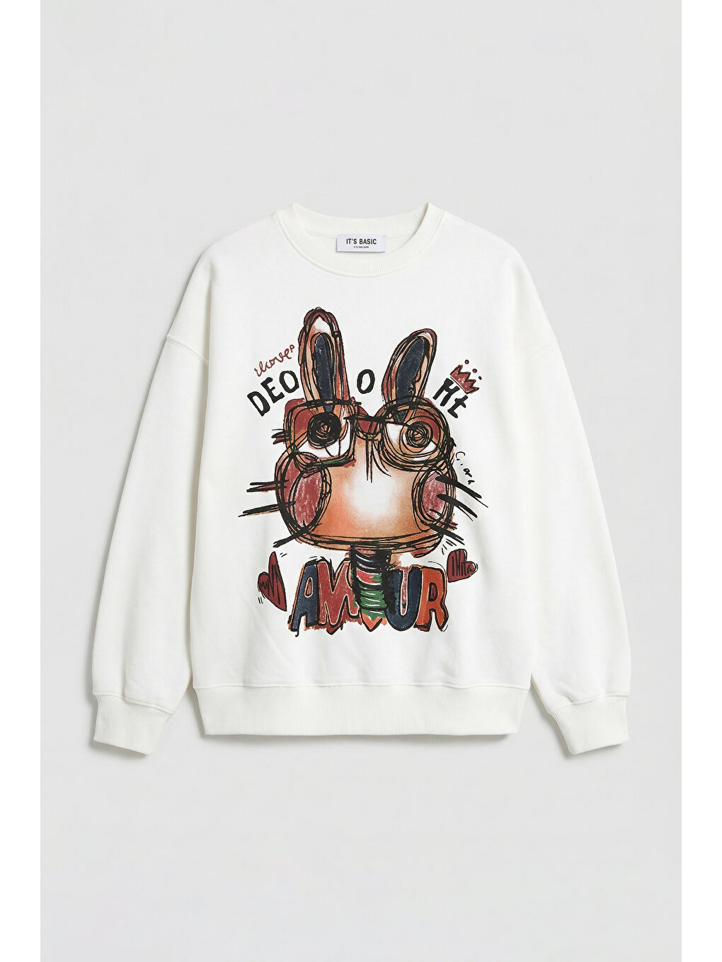 Kadın Beyaz w5 Oversize Baskılı %100 Pamuk Organik Kumaş Sweatshirt-1