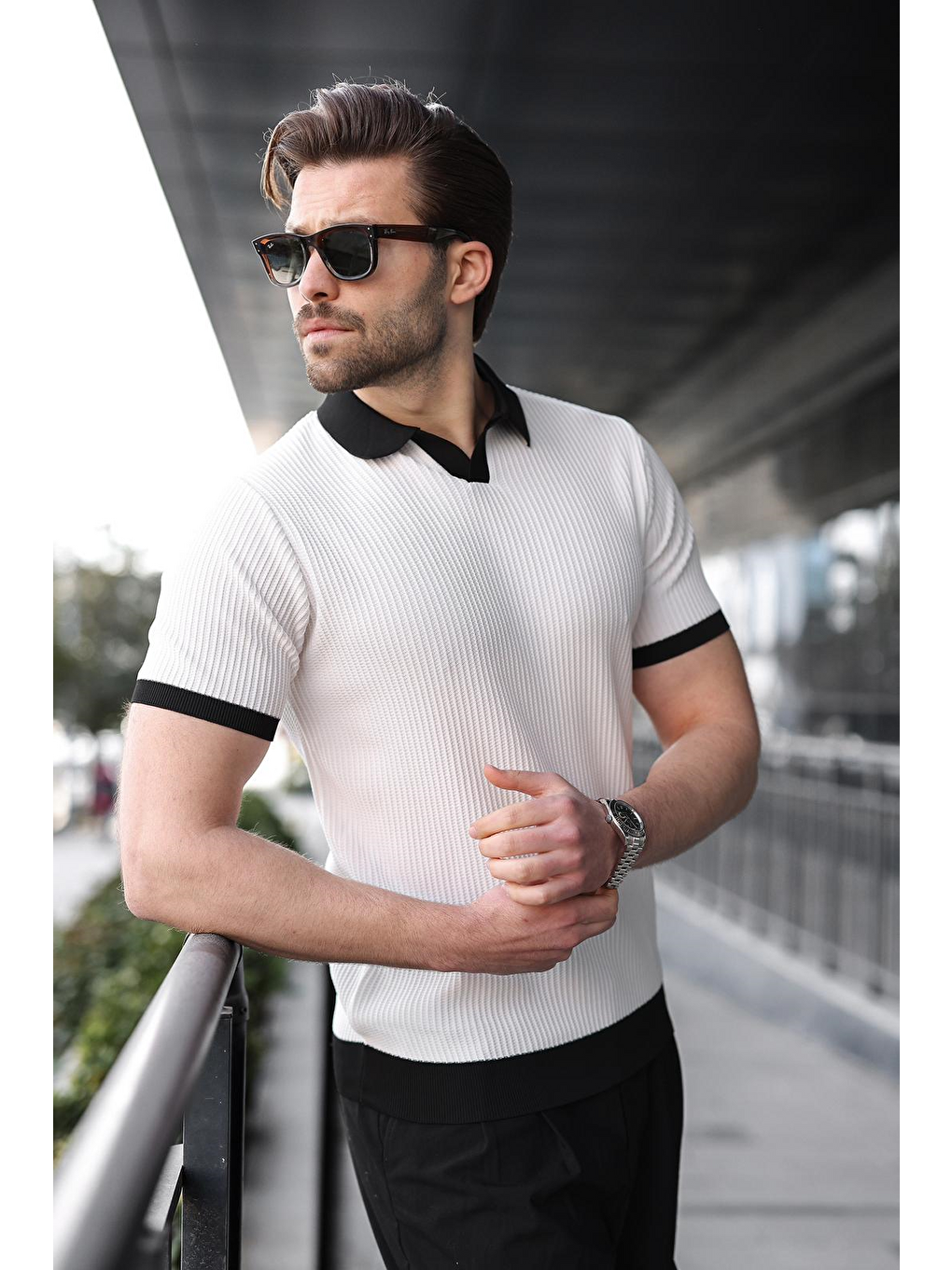 Beyaz Polo Yaka Triko Erkek Tişört E7464-4