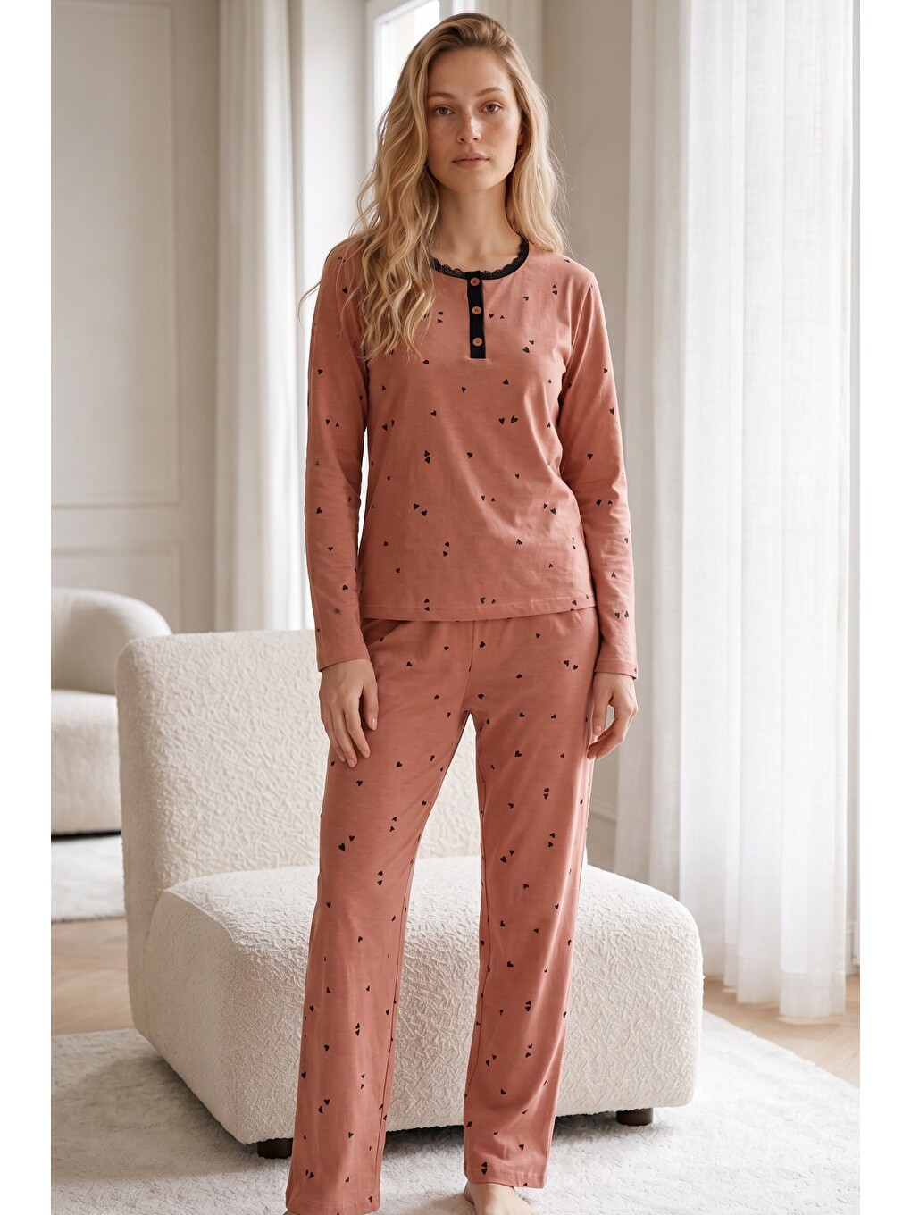 Karışık Düğmeli Pamuklu Elastanlı Örme Pijama Takım26240341-1