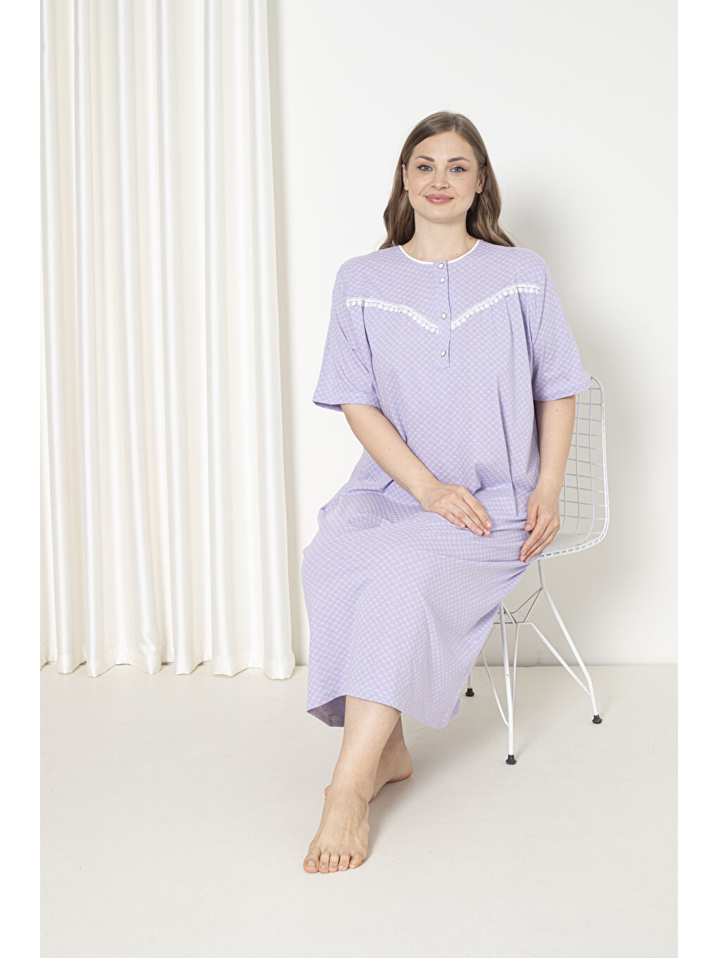 Lila %100 Pamuklu Penye Kısa Kol Büyük Beden Anne Geceliği 051-3