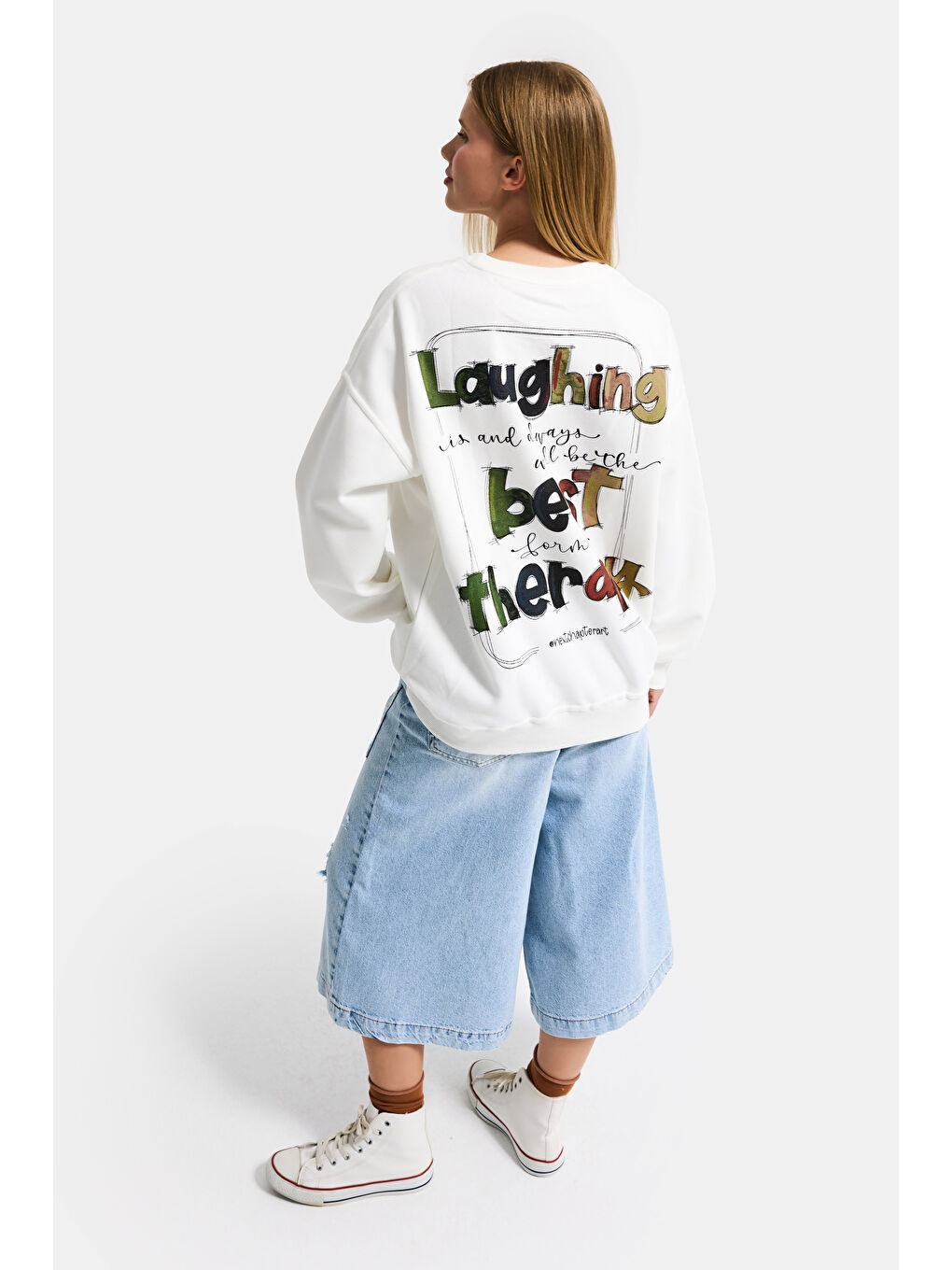 Kadın Beyaz w5 Oversize Baskılı %100 Pamuk Organik Kumaş Sweatshirt-2