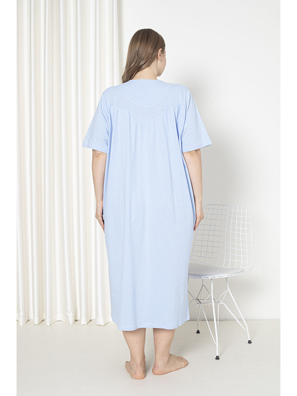 Mavi %100 Pamuklu Penye Kısa Kol Büyük Beden Anne Geceliği 051-4