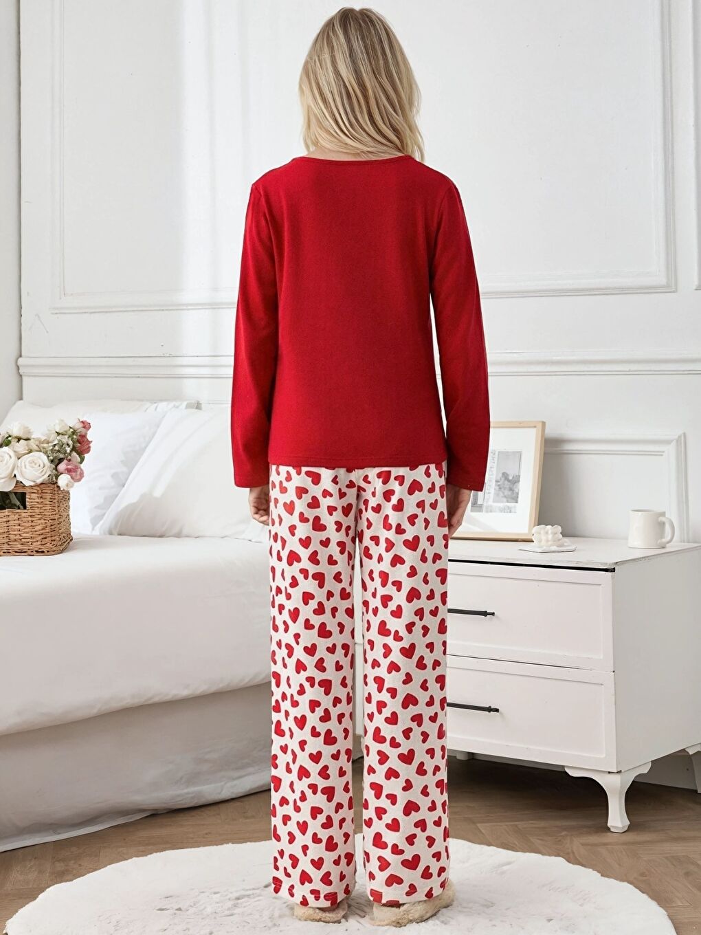 Kırmızı Kalp Desenli Uzun Kol Pijama Takımı-2