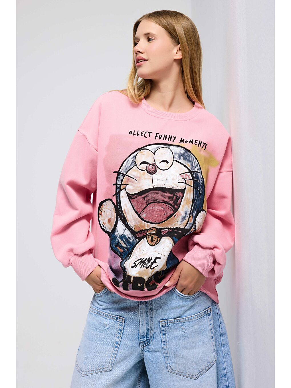 Kadın Pembe w5 Oversize Baskılı %100 Pamuk Organik Kumaş Sweatshirt-5